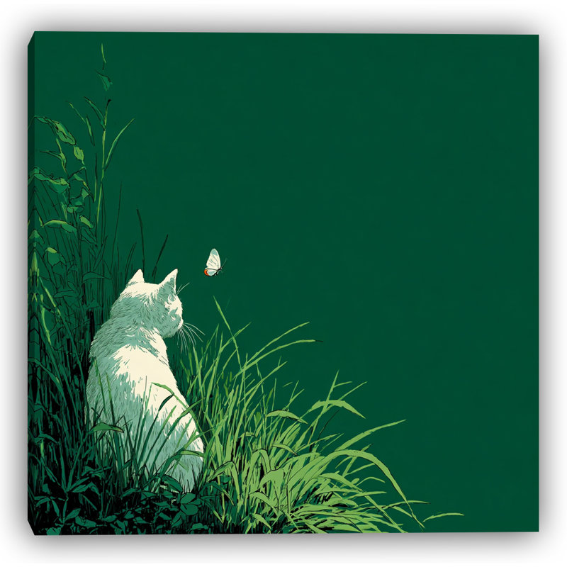 Chat et papillon dans un pré IV, art mural sur toile, H 40 po x l 40 po