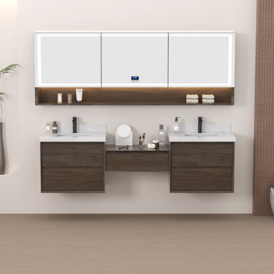90" Wall-Mounted Double Bathroom Vanity Combo with Engineered Stone Top and Modular Makeup Storage Cabinet