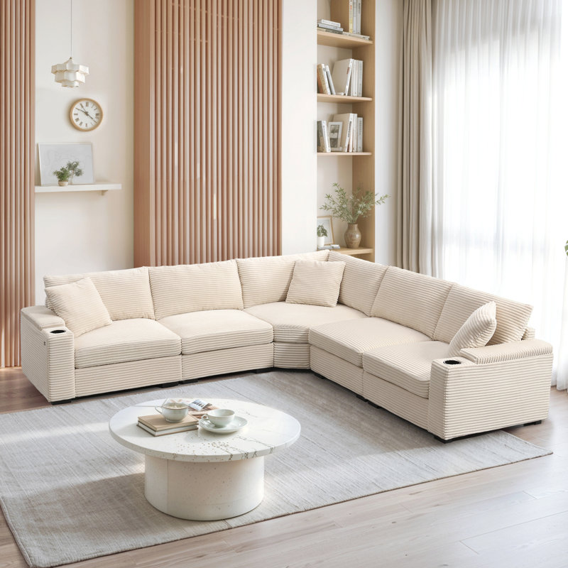 106" Convertible L Shaped Sectional Sofa,Corduroy Corner Couch With Armrest Storage,Cup Holders,Usb Charger,Irregular Corner,Oversized Comfy Modular Sofa For Living Room,Apartment