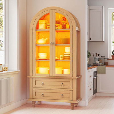 73"H Arched Pantry Cabinet With LED Lighting, 2 Drawers & Multi-Tier Shelves, Modern Farmhouse Kitchen Storage by Brayden Studio