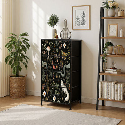 4 Drawer Vertical Storage Dresser Fairy forest Moon stars hare squirrel owl flowers mushrooms with Wood Top & Fabric Pull Drawers