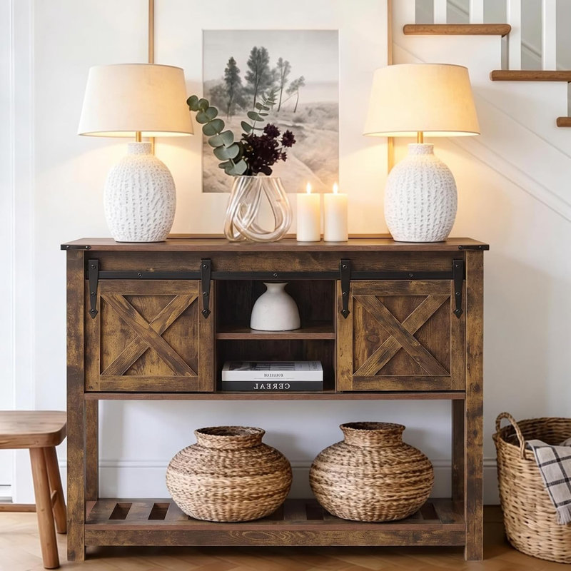 Entryway Table with Storage Shelf, Sliding Barn Doors Console Table for Living Room Hallway, Brun rustique