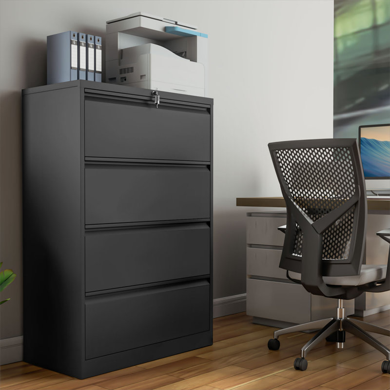 Classeur de bureau 4 tiroirs 35,4 po de largeur, Noir, noir, noir, noir