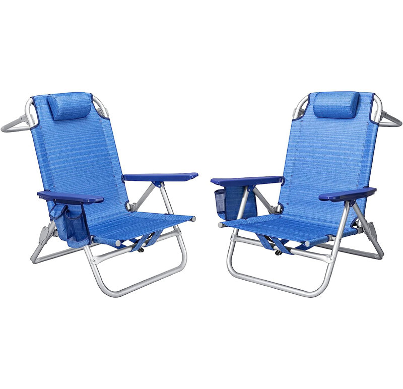 Backpack Beach Chairs (Set of 2), Folding Heavy Duty Camping Chair with Large Pockets, Dark Blue