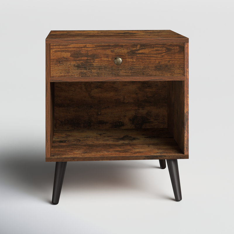 Vansant 1 - Drawer Nightstand with Drawer and Open Compartment, Solid Wood Legs, Rustic Brown