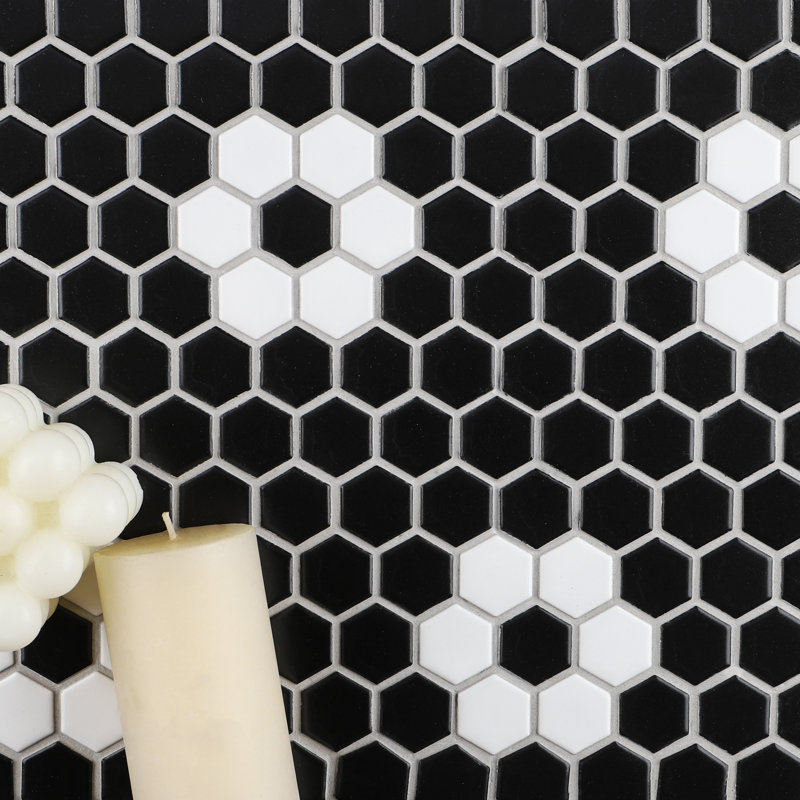 Perfection 1“ x 1" Porcelain Honeycomb Mosaic Wall & Floor Tile, Black/White Flower