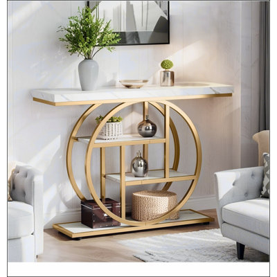 41.3" Industrial Console Table, 4-Tier Sofa Entryway Table with Circle Base, Modern Narrow Accent Table with Storage for Living Room, Hallway, Foyer
