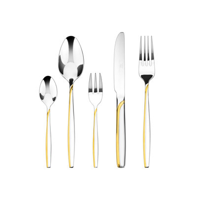Royal Flatware RF3014/65, Gold/Laser' 65-Piece Premium Surgical Stainless Steel Silverware Flatware Set 18/10, Service for 12, 24K Gold-Plated Hostess Serving Set, Gift Box/Wooden Case