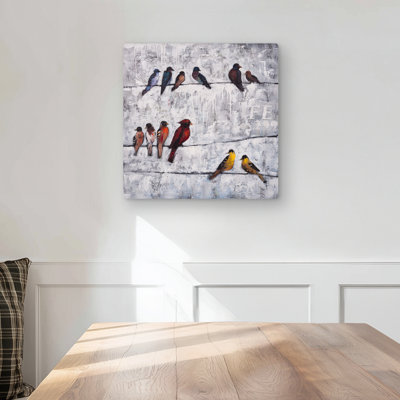 Colorful Birds on Branches - Red Contemporary Metal Print