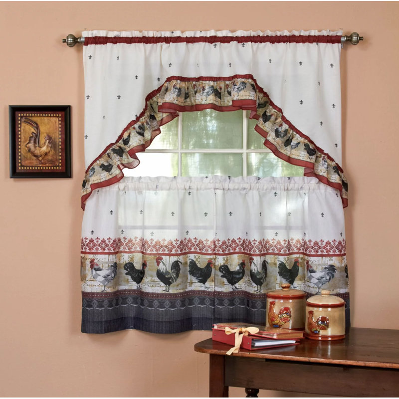 Kate Aurora Retro Rooster 3 Piece Kitchen Curtain Set, 58" W x 24" L, Red