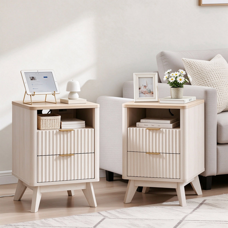 Ensemble de 2 tables de chevet cannelées avec station de charge et rangement intégrés, Aulne blanc