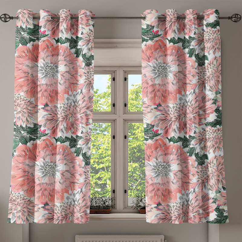 East Urban Home Chrysanthemum Grommet Curtain Garden Feel Floral Dark Salmon Forest Green, 50" W x 63" L