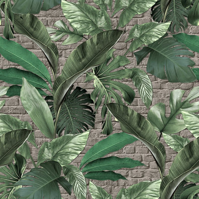 The Loft Collection Tropical Leaf Brick 3-Panel Wall Mural