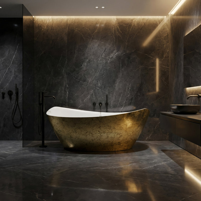 69.8'' L Freestanding Soaking Bathtub, Black/Gold