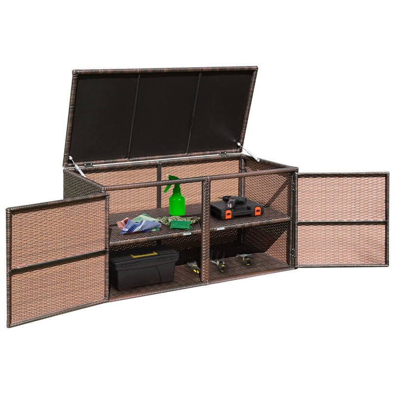 2-Tier Garden Storage Box, 2-Way Opening Rattan Deck Box Chest With Flip-Top Lid, Outdoor Weatherproof Storage Organiser With Metal Frame For Toy Cushion Poolside Patio Balcony