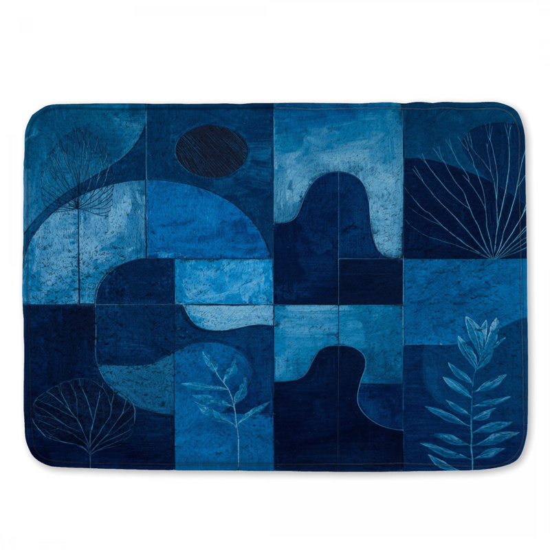 Tapis de bain bleu à formes géométriques abstraites, L 34 po x L 21 po