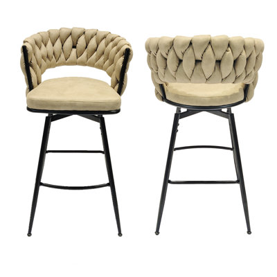 De 2 tabourets de bar pivotants à 360 degrés bruns. Cuir technique, structure, tissé, siège rembourré pour îlot de cuisine, pivot pivotant en cuir pour restaurant 2 pièces, base en métal, bar, café