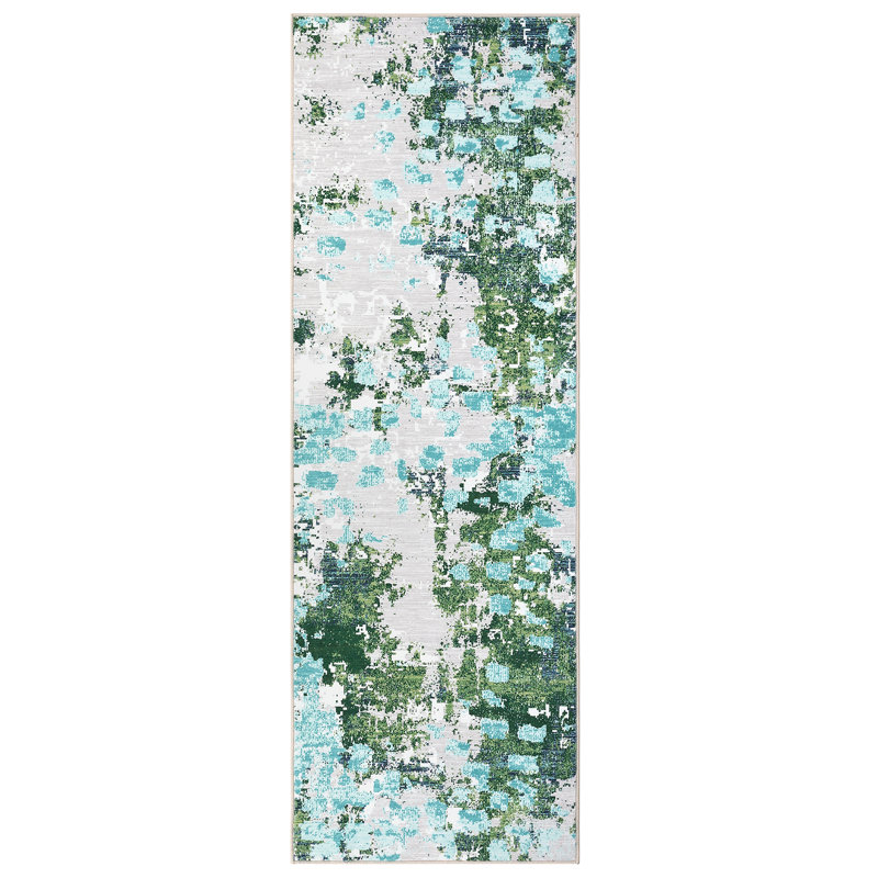 Tapis moderne et coloré abstrait, tapis lavable pour chambre à coucher et salon, Green, Runner 2' x 6'