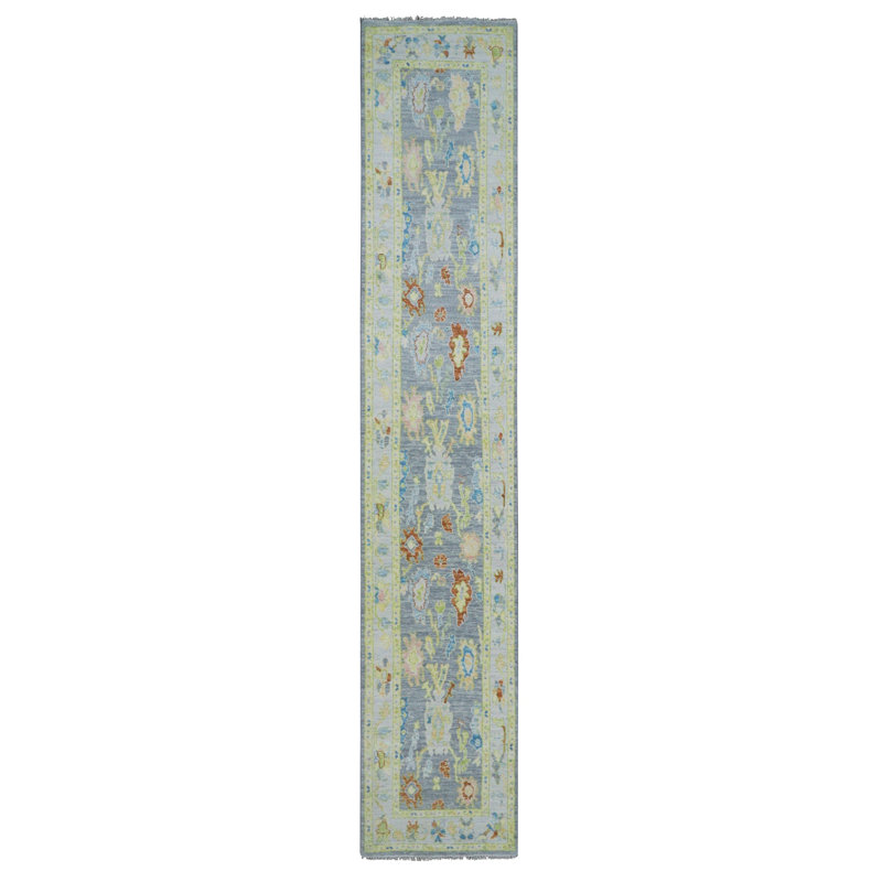Tapis de couloir gris en laine noué à la main 2 pi 10 po x 15 pi 7 po Oushak