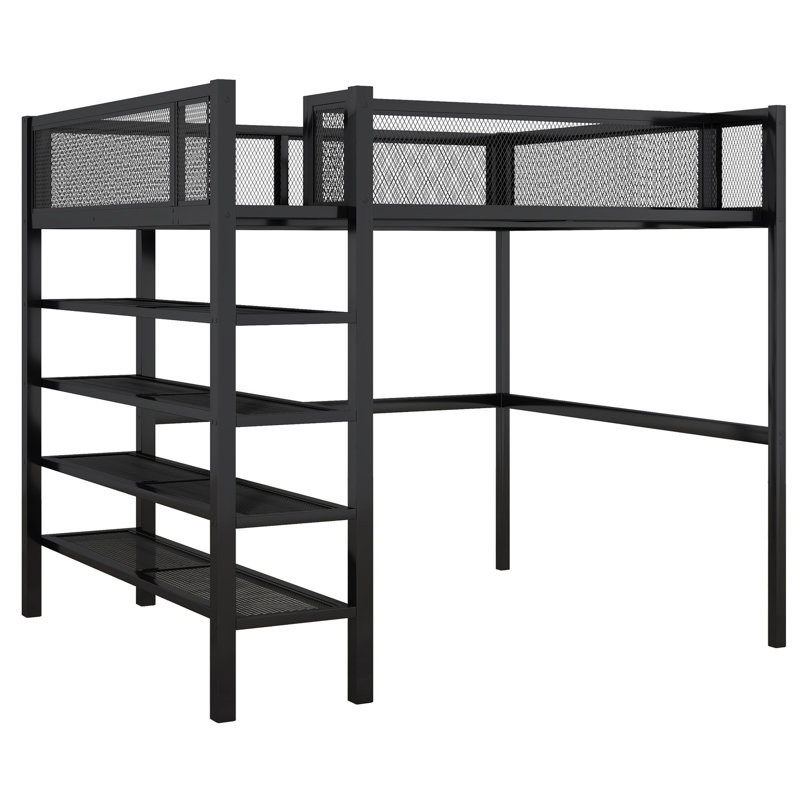 Lit mezzanine en métal avec options de rangement fonctionnelles pour plus de commodité - 4 structures stables et faciles d'accès sur 4 tablettes offrant un espace de couchage confortable