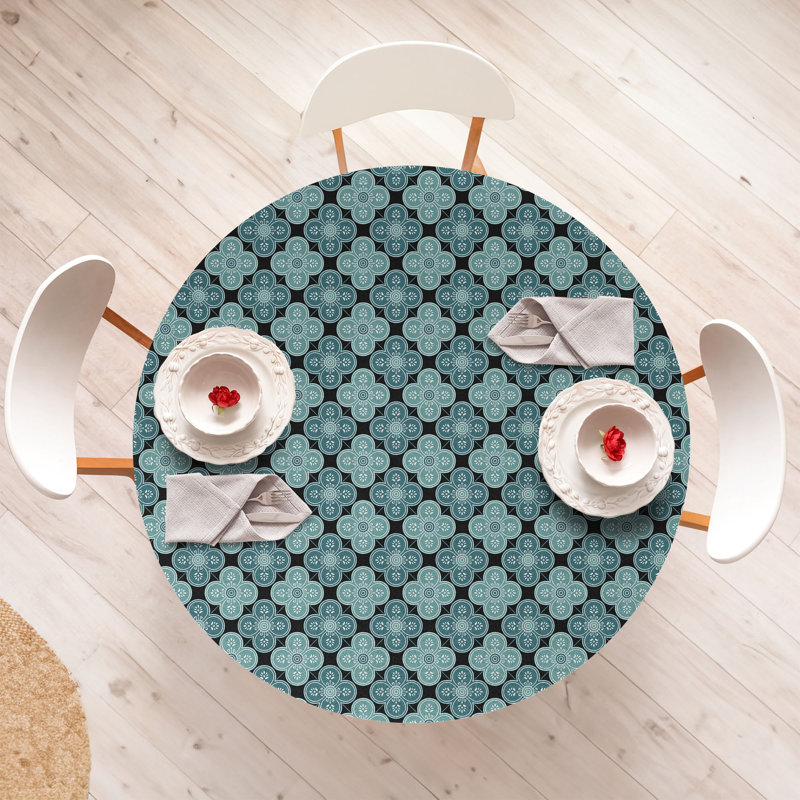 Ambesonne Moroccan Fitted Round Tablecloth Teal Petrol Blue 113013, 64.17'' Round