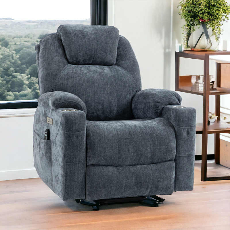 Jamiyha Upholstered Lift Assist Power Recliner, Blue Chenille