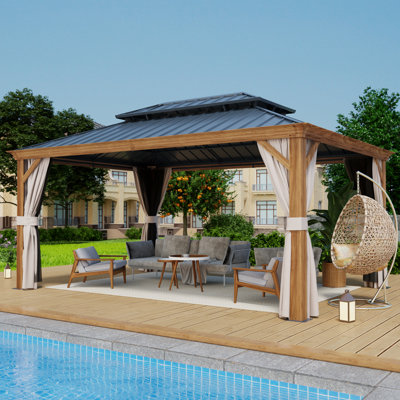 Pavillon de jardin extérieur rigide 12 x 16 pi avec double toit en acier galvanisé, structure en aluminium grain de bois