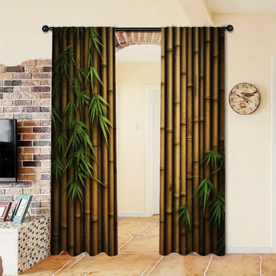 2Pcs Bamboo Forest Curtains, Natural Wood Texture Pattern, Rod Pocket Light Filtering, Realistic Nature Design, Zen Garden Style, All-Season For Living Room Bedroom Home Decor