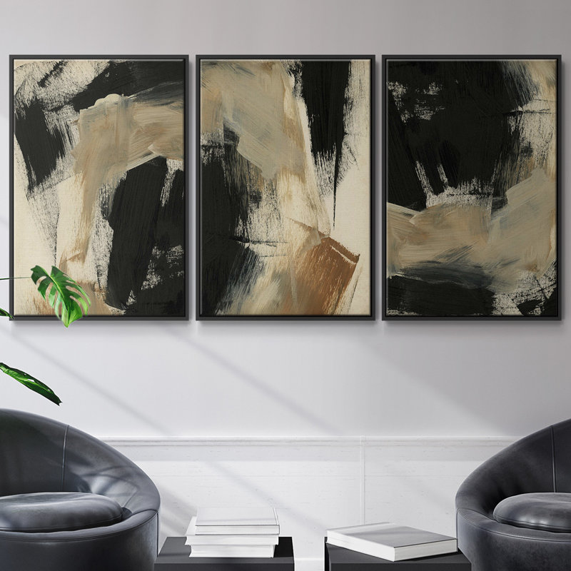 Baked Paintstrokes IV, ensemble de 3 toiles encadrées, Noir, H 36 po x l 72 po