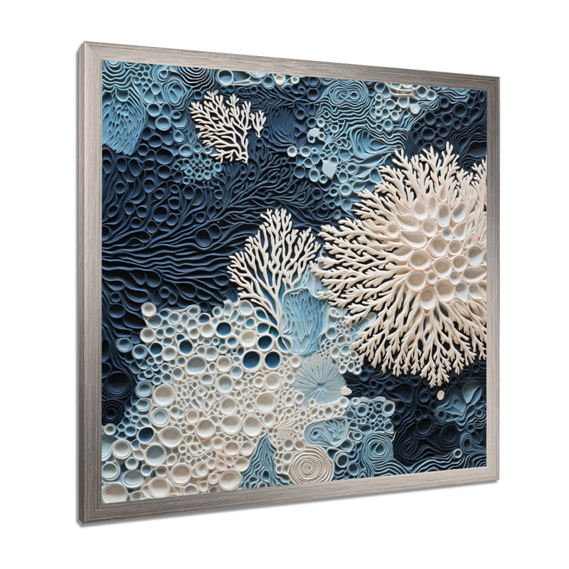 Collage sous l'eau de coraux bleus et blancs - art mural côtier, H 24 po x l 24 po, Cadre photo unique, Argent argent