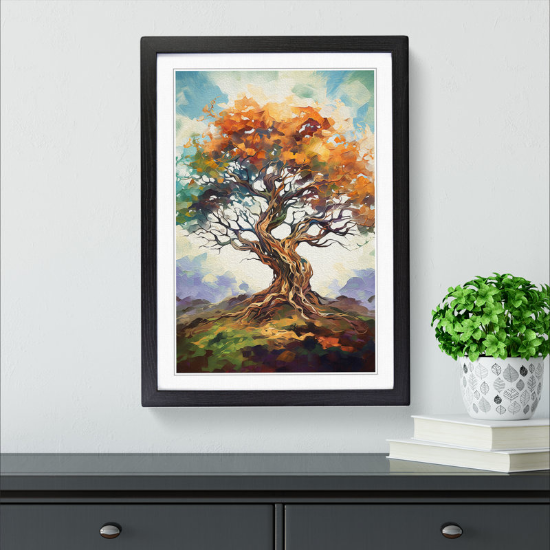 Oak Tree Gestural - Single Picture Frame Print on Wood, 34cm H x 25cm W x 2cm D, Black