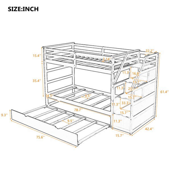 Harriet Bee Zosi Twin-Over-Twin Bunk Bed with Twin Size Trundle and ...