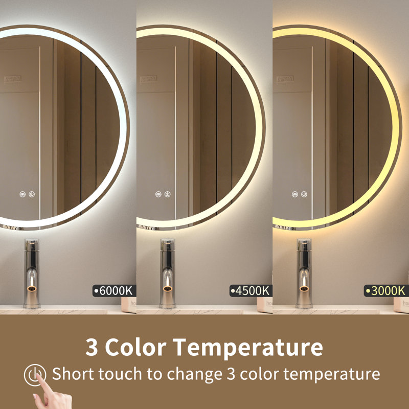 Round LED Mirror 3 Colors & Brightness Adjustable with Anti-Fog, 24" x 24"
