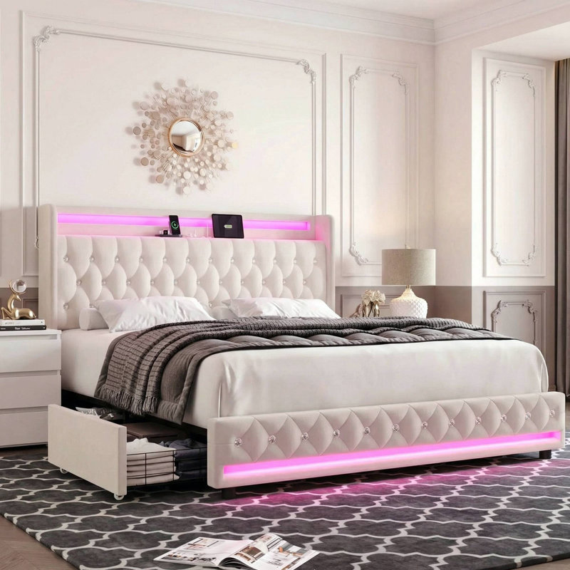 3-Piece Modern Elegant Bedroom Sets With Velvet Bed & Two Storage Nightstands, Beige, Queen