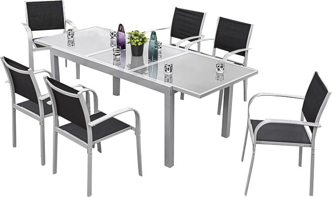 Ouarzazate 6 - Person Patio Dining Set with Extendable Rectangular Table, Silver and black