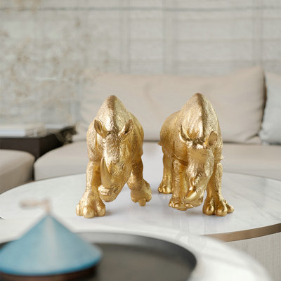 8.27" L Gold Rhinoceros Statue Set of 2 – Modern Glam Resin Rhino Figurines 5.12" H, Holiday & Housewarming Gift, Luxury Coffee Table/Mantel Shelf Decor Accent