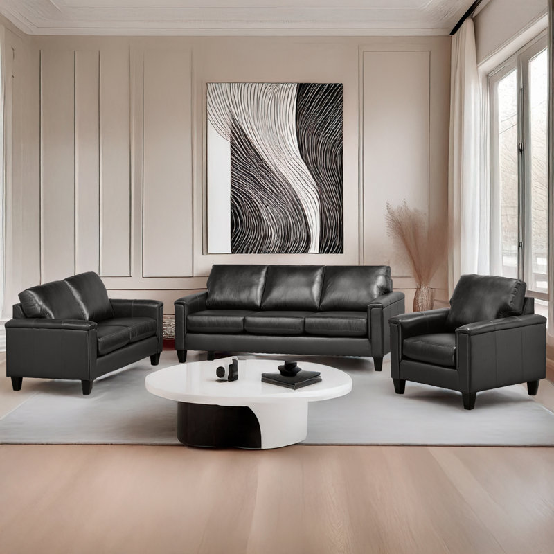  Ensemble de salon en cuir véritable 3 pièces Deboer, Cuir synthétique noir