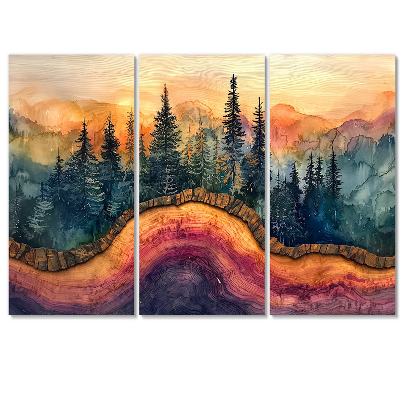 «Color of Giants Tree In A Forest Landscape», ensemble de 3 impressions sur bois, H 32 po x l 48 po, Toile tendue