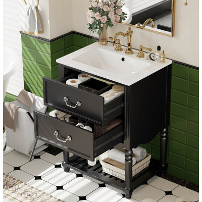 Meuble-lavabo de salle de bain Vintage Wave avec lavabo en céramique lustrée, tiroirs doubles à fermeture douce et tablette de rangement ouverte