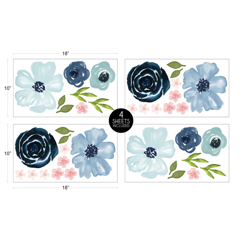 Adhésif décoratif aquarelle à motif floral Jojo, Bleu/rose