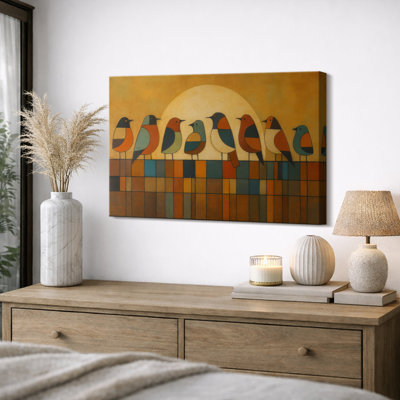 «Mid-Century Style Birds on Fence Abstract Nature Scene», reproduction d'art sur toile encadrée