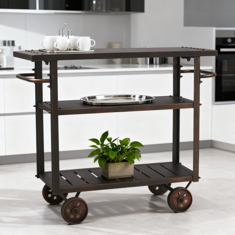 Industrial Bar Cart With Wheels, 3-Tier Rolling Serving Cart With Removable Tray And Storage Shelves, All-Metal Beverage Cart For Kitchen Living Room