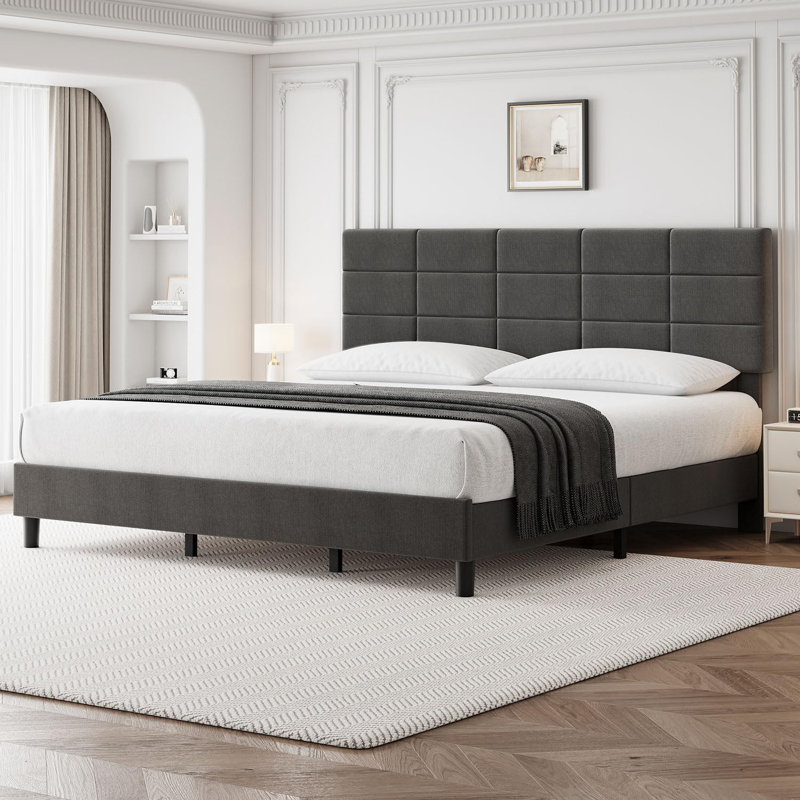 Platform Bed Frame with Headboard, Grey Linen Upholstered Wood Bed, No Box Spring Needed with 700 LBS Sturdy Wooden Slats Support
