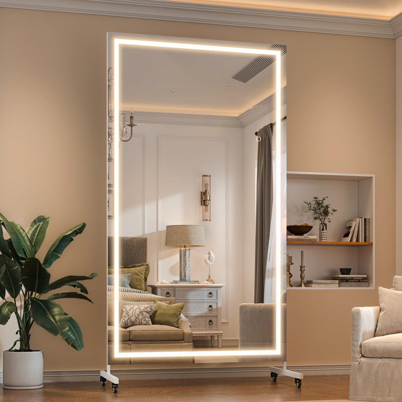 Home Gym LED Mirror 360° Swivel on Wheels with Lights,Extra Large Full Body Rolling Mirror, Tempered Glass Easy to Move Full Length Mirror for Yoga Studio, Bedroom, Dancing Studio 3-Year Warranty