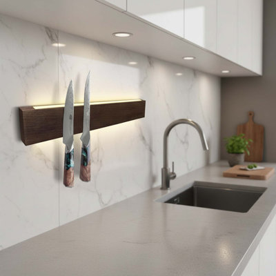16" Ash Wood Lighted Magnetic Knife Strip - No Drill Wall/Fridge LED Utensil Holder