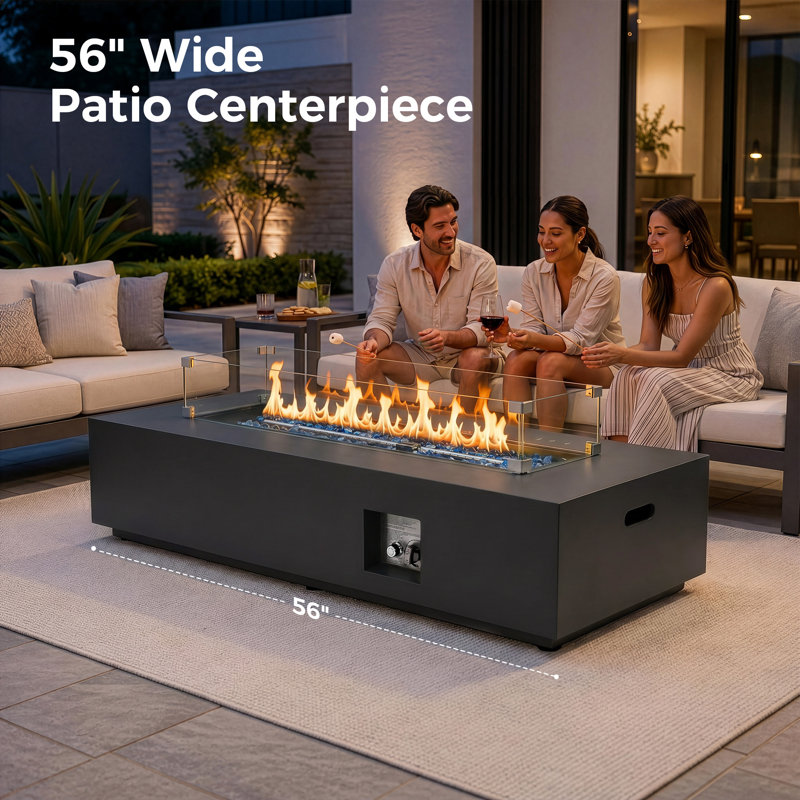 Table rectangulaire pour foyer d'extérieur au propane de 56 po avec couvercle, table d'appoint cachée, pare-vent et couvercle, 50 000 BTU