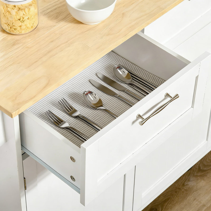 Chariot pour îlot de cuisine de 41 pouces avec plateau de boucher, tablettes réglables et tiroirs de rangement - Chariot utilitaire mobile avec roulettes verrouillables