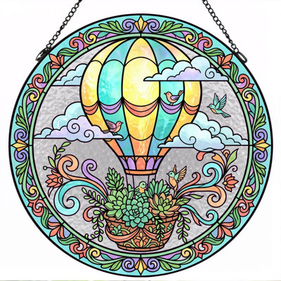 Hot Air Balloon Stained Glass Window Panel，7.8H