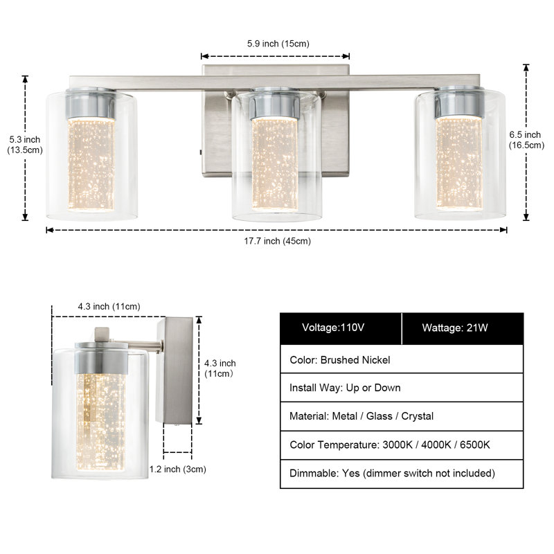3-Light Brushed Nickel Vanity Light with 3 Color Modes  with Clear Glass Shade, 3, Brushed Nickel