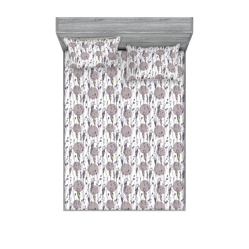 Ambesonne Fitted Sheet & Shams, California King Sheet Set with 2 Pillowcases, Dark Purple/Gray/White Polka Dot